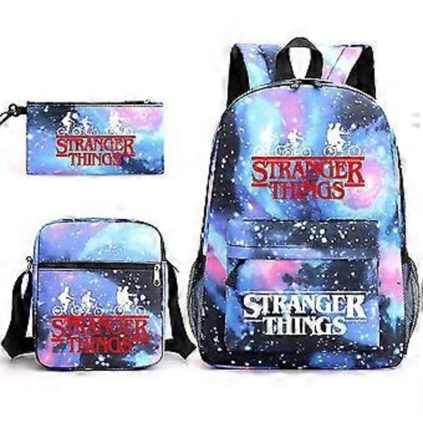 3 st Stranger Things Skolryggsäckar Set Med Axelväska Pennfodral Gåva (Stjärnklar Himmel Blå)