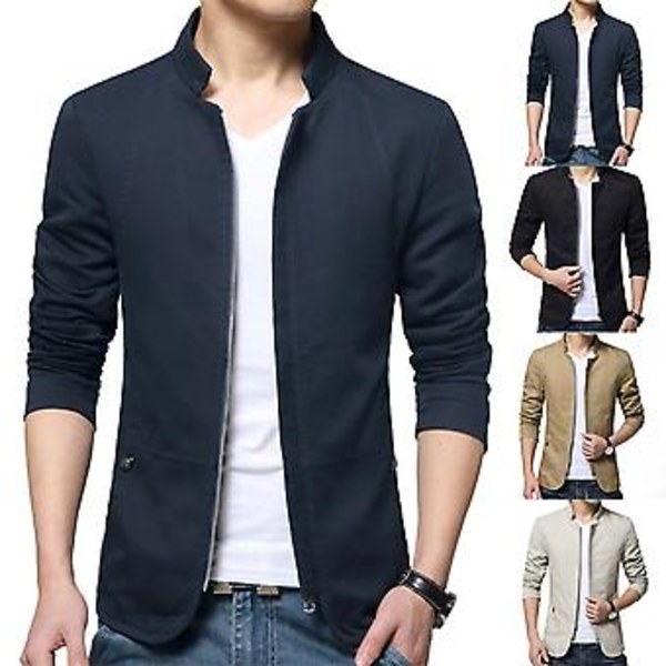 Fianao Casual Herrar Höst Enfärgad Stå Krage Blixtlås Fickor Tunn Slank Blazer Kavaj (XXXXL Beige)