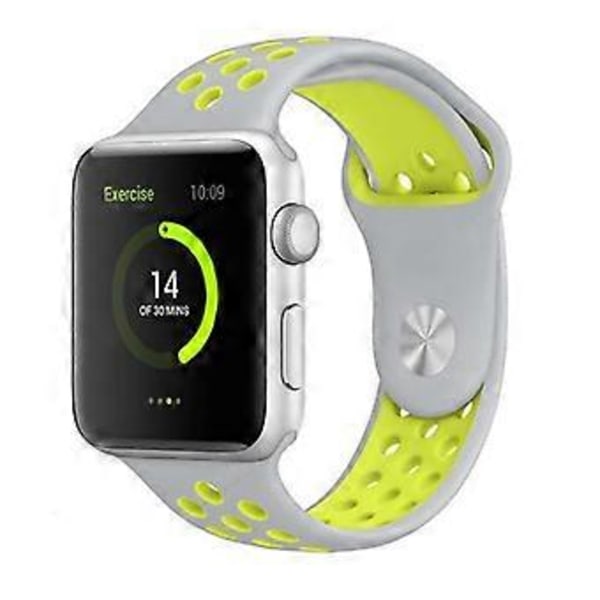 Yhteensopiva Apple Watch -rannekkeiden kanssa 38-40 mm/42 mm-44 mm, hengittävä silikoninen urheilun korvaava -42/44 mm kylmä hopea fluoresoivalla keltaisella