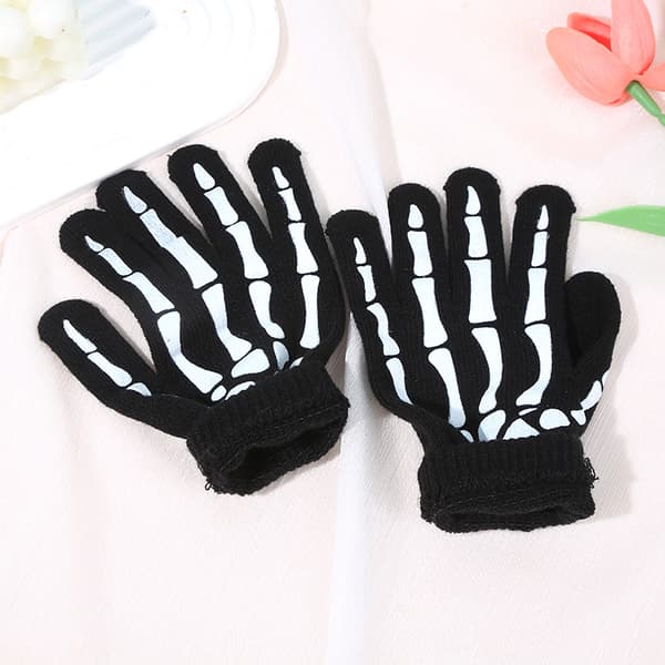 Selvlysende strikhandsker med kranie- og knoglemotiv til touchskærm – Halloween-kostume & efterårs-/vintervarme