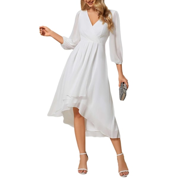 Elegant Chiffon V-hals Langærmet Plisseret A-linje Midilængde Bryllupsgæst Kjole 2XL Hvid