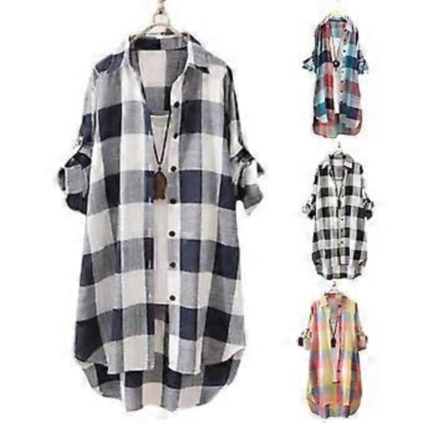 Dame Skjorte Plaid Print Kontrastfarve Uregelmæssig Kant Enkeltknappet Langærmet Revers Oversized Blød Åndbar Top (XL sort hvid)