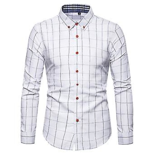 Herrar Skjorta Rutiga Tryck Långärmad Knappar Formell Enkelknäppt Varm Business Plus Size Höst Topp Man Kläder (4XL Vit)