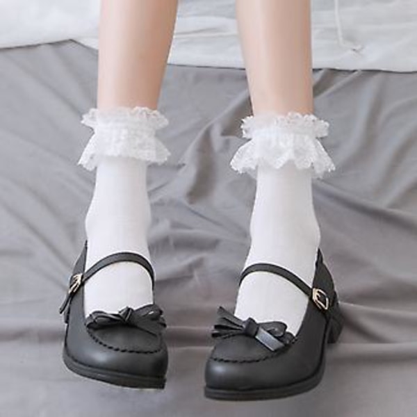 Mode Lolita Japansk Flicka Kvinna Spetsstrumpor Söta Volang Prinsessstrumpor (Vit)