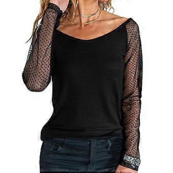 Dame Mesh Langærmet Skjorte Casual Rundhals Sheer Mesh Polka Dot Bluser Toppe (2XL farve 09)