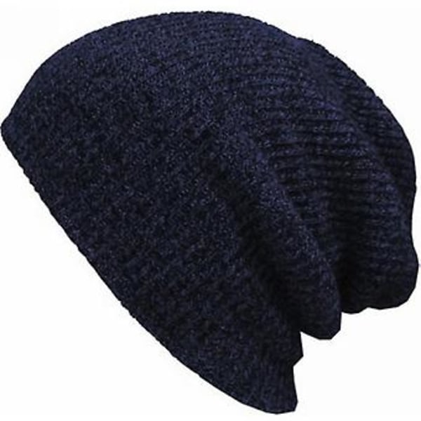 Vintervarm strikket lue i ull for kvinner, menn og unisex - Slouchy Beanie (Marineblå)