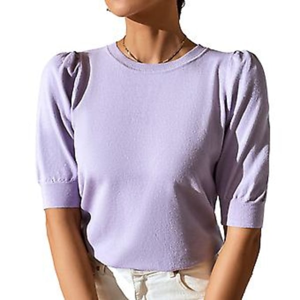 Dam T-shirt i Stickad Bomull med Korta Puffärmar, Åtsittande Manschetter, Enfärgad, Casual Sommartopp för Dagligt Bruk (L Lila)