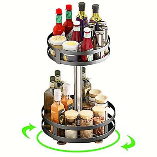 360° Rotationskrydda Metallförvaringsställ Multi-lager Kryddor Snurrplatta Kryddburk Kökstillbehör (Rund Dubbeldäck)