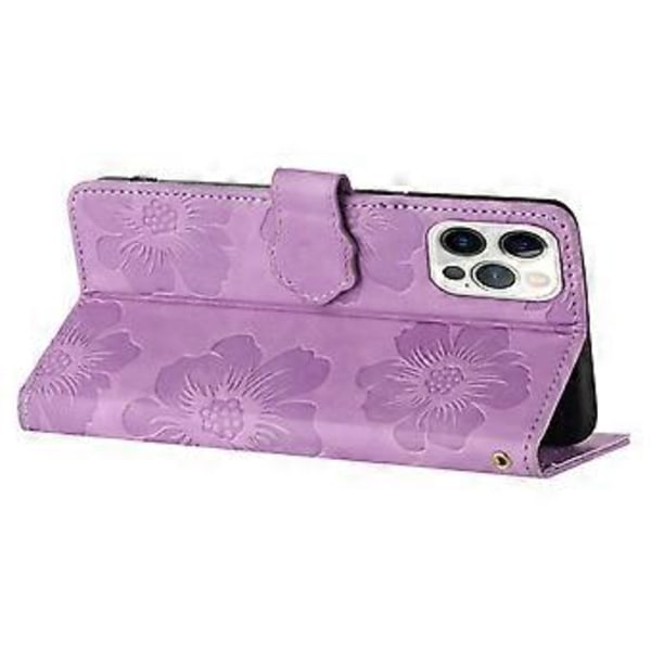 Til iPhone 12 Pro 6.1 tommer Blomster Præget PU Læder Telefon Cover Foldbart Stativ Pung Cover (Style B)