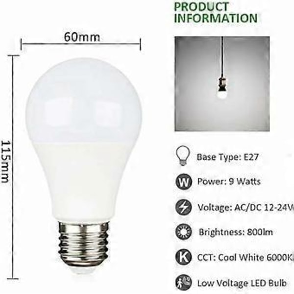 E27 9W 12V LED Kallvit 6500K för Camping, motsvarande 75W Halogen, AC DC 12 Volt 24 Volt E27 LED-lampa för Solpanel/Garage/Trädgård, ej dimbar
