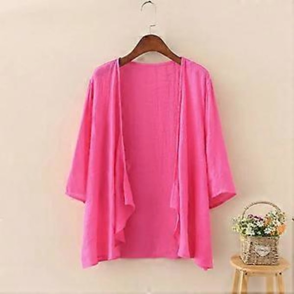 Sommercardigan for kvinner, ensfarget, løs passform, 3/4-ermer, tynt strandtøy, cover-up bluse, flaggermusermet bluse (hvit)