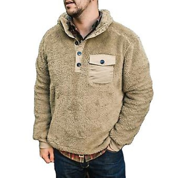 Mjuk Tröja med Nedvikt Krage, Långärmad, Höst/Vinter, Tjock Plush, Herrtröja, Ytterplagg (2XL Khaki)