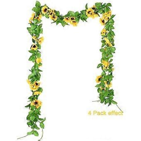 4 stk. Kunstig Solsikkeguirlande, Solsikkevin af Silke, Kunstige Blomster med Grønne Blade