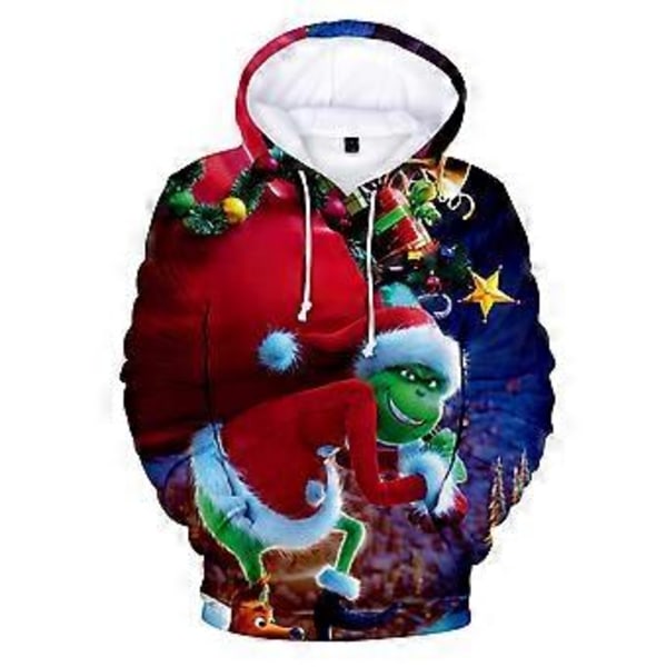 Hettegenser med 3D-trykk for menn og kvinner - Jul, Grinch - Lang ermet, hettegenser, genser, hettegenser, løs juletopp, gave (M B)