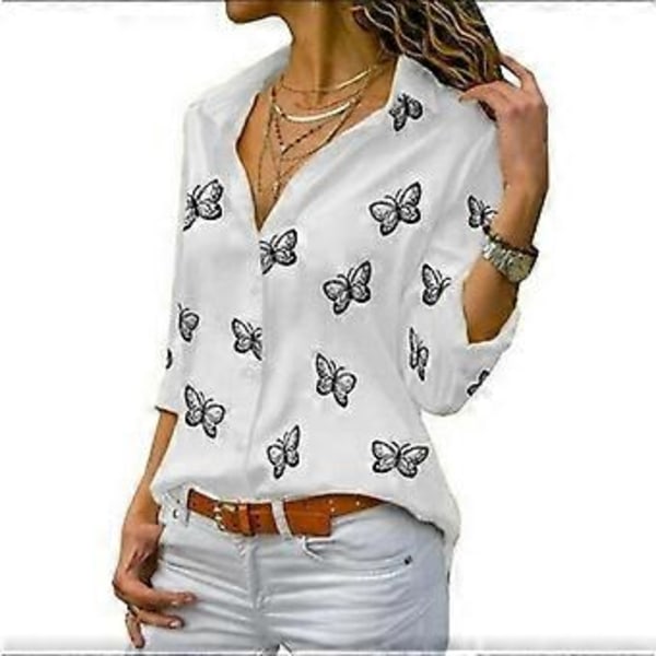 Dame Skjorte med Sommerfugltrykk, Nedfellbar Krage, Knapper, Chiffonbluser i Store Størrelser, Langermet Topper (XL hvit)