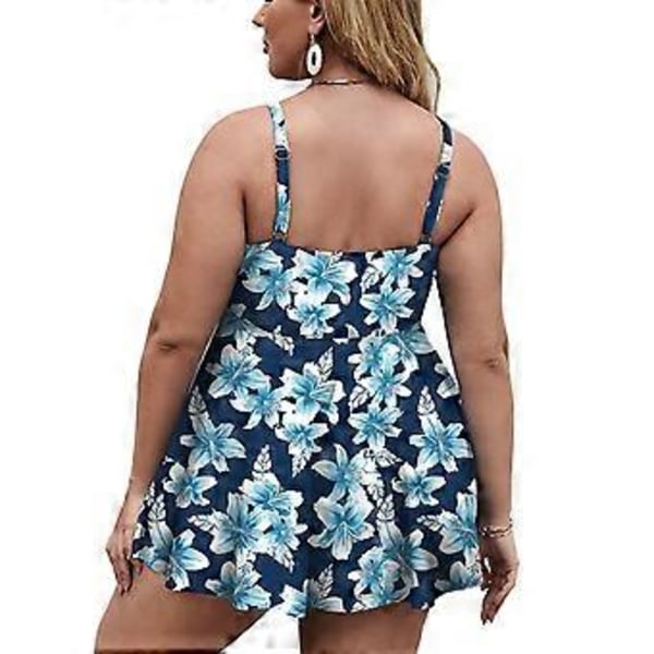 Dam Plus Size Baddräkter Blommigt Tryck 2-Delad Tankini Baddräkter med Shorts för Simning Strandfester (2XL Blå och Vit Blomma)