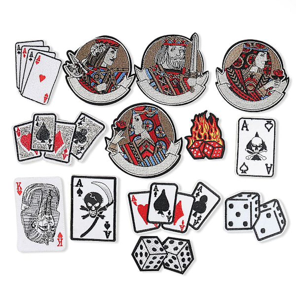 Patches Broderede Sorte Es Spader Pocker Kort Terninger Ild Flamme Lille Størrelse Hvide Terninger Røde Hjerter Diamanter
