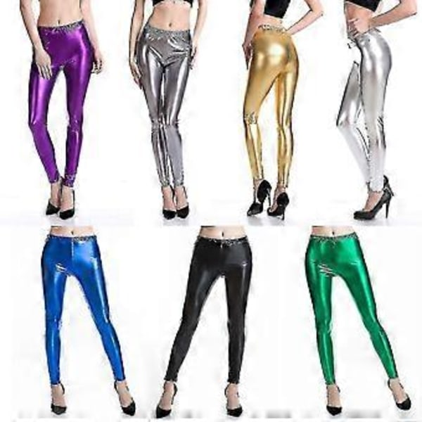 Dame Faux Leather Leggings Høy Midje Leggings Bukser Tights (M Gull)