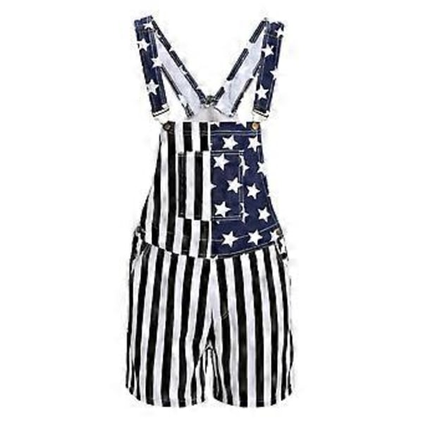 Amerikansk Flag Overalls Denim Bib Shorts Justerbare Remme Jeans Shorts Rompers med Lomme (L Sort)