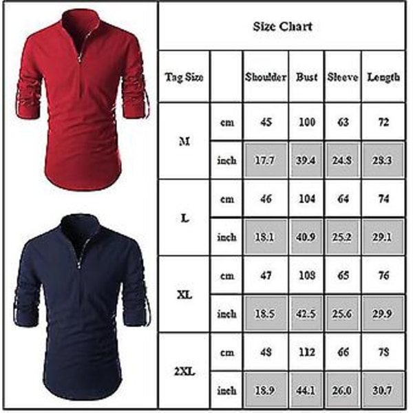Miesten pitkähihainen T-paita vetoketjulla, rento, slim fit, pystykauluspaidat, laadukkaat (2XL laivastonsininen)