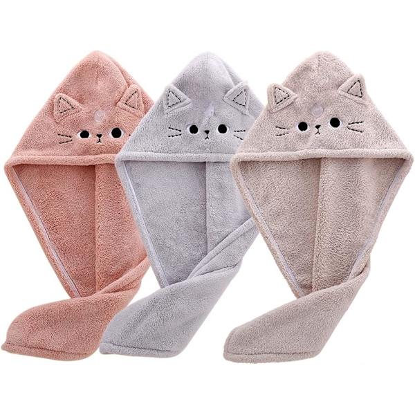 3-pack söta kattmikrofiberhårhanddukar för barn, hårtorkande handdukar snabb torkning hår turban rolig twist hårhandduk för