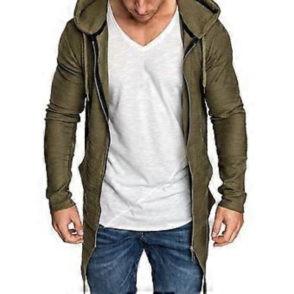 Hoodie Kofta Mode Färgäkta Lättskött Lång Jacka Longline Dragkedja Huvtröjor Herr Huvtröjor för Klubb (2XL armégrön)