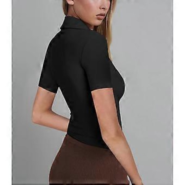 Åtsittande Jumpsuit Topp Slank Djup V-ringad Kortärmad Enfärgad Nedåtvänd Krage Ribbad En-delad Topp (M Svart)