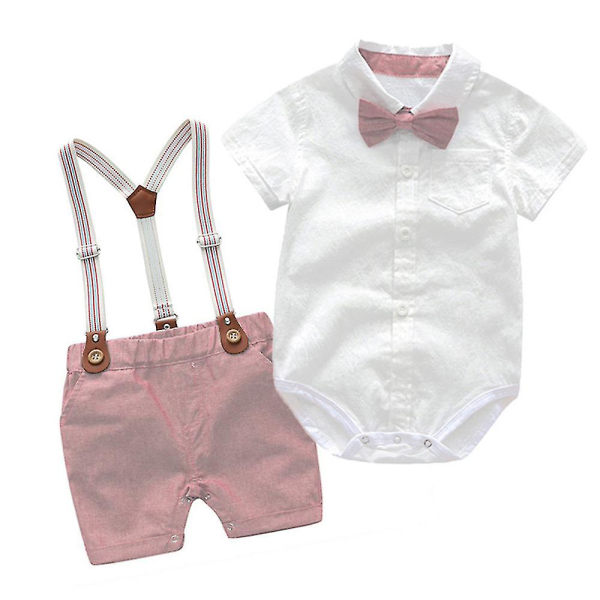 Infant Baby Boys Gentleman Outfits Suits Bowtie Suspenders Shorts Formal Outfit Pink 6-12M