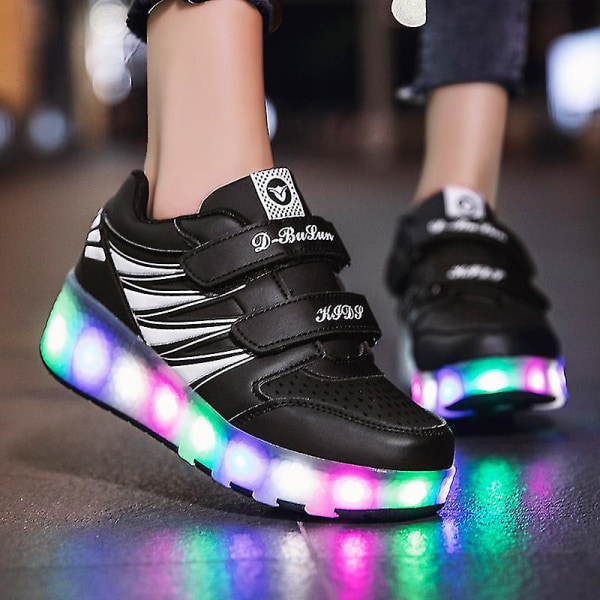 Led Light Up Roller Shoes Double Wheel Usb Rechargeable Skating Shoes Black/pink Black Black 33