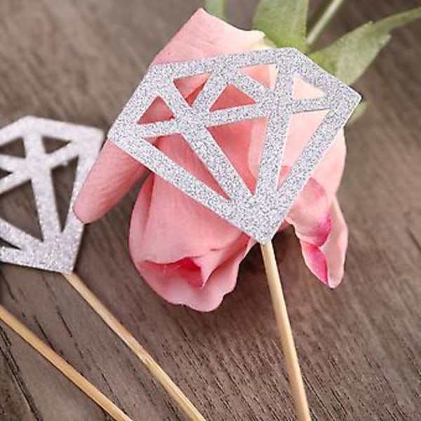 50 stk. Glitter Papir Guld Diamant Kage Toppers Kage Dekoration Fest Ceremoni Cupcake Toppers (Glitter Sølv)