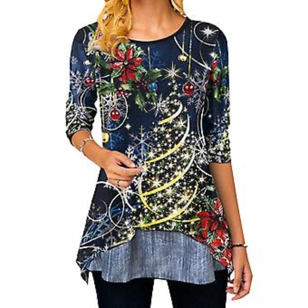 Naisten Joulu 3D Lumimies Pusero Joulu Pitkähihainen Lady Blouse T-paita Tunika Topit (3XL Sininen)