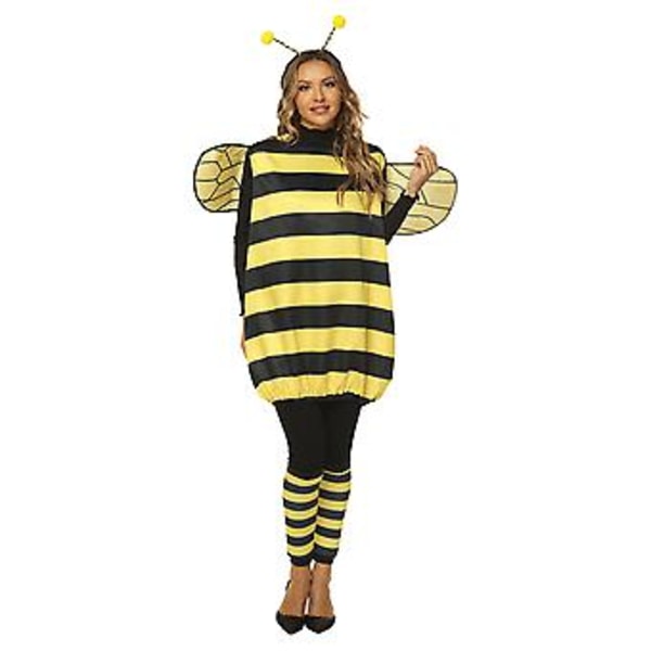 Aikuisen Halloween-asusetti - söpö keltainen mehiläinen leppäkerttu cosplay-asu antenninauhalla, raidallisilla sukkahousuilla ja legginseillä (L Keltainen)