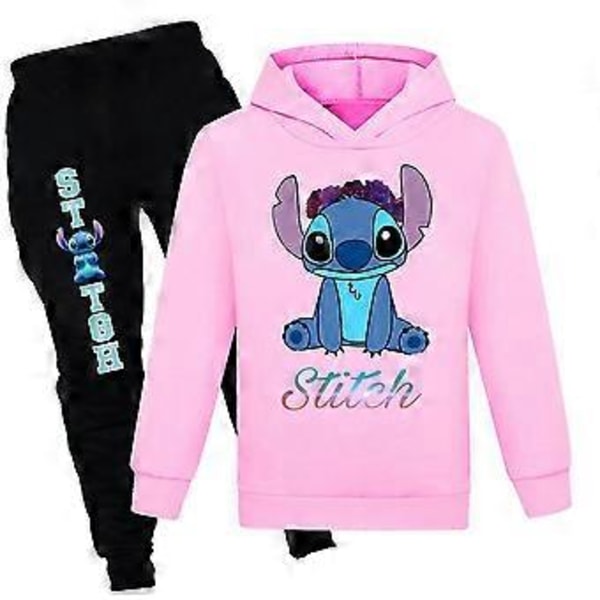 Lilo och Stitch Hoodie för Barn Långärmad Träningsdräkt Set Sweatshirt Toppar Byxor Kläder Pojkar Flickor -NMAOV(11-12 År Rosa)