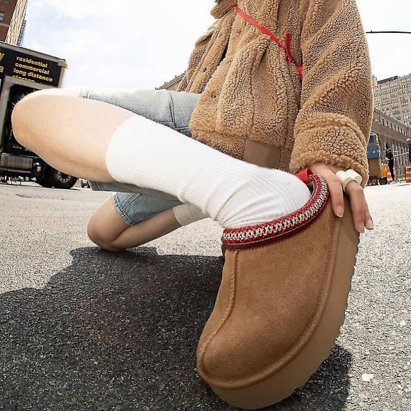 Dames Platform Mini Støvler Korte Ankelstøvler Pels Fleece Foret Sneakers Hjemmesko Anti-slip Støvle Til Udendørs 40 CHESTNUT