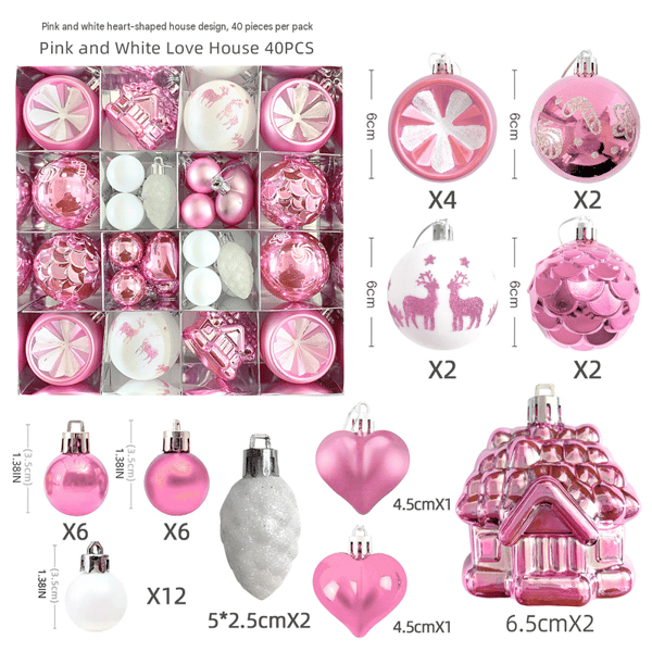 40 st pudervita hjärthus julkulor, rosa julgransdekorationskulor presentförpackning