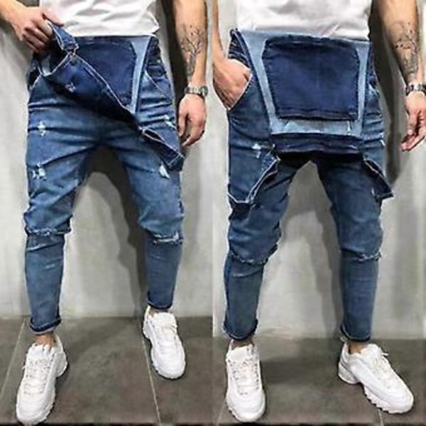 Herrar Rivna Slitna Jeansbyxor Denim Dungarees Overaller Bib Och Selar Arbetsbyxor (XL Mörkblå)