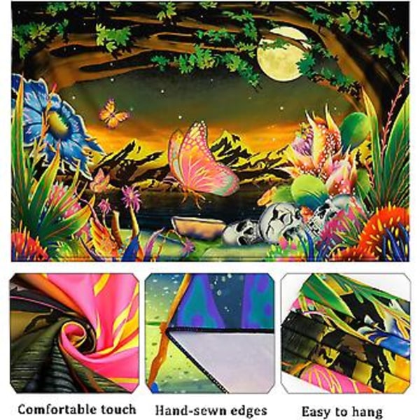 Svartljus Skog Gobeläng Trippig Blommig Växter Gobeläng UV-Reaktiv Fjäril Skalle Gobeläng Fantasy Måne Stjärnor Berg Natur Gobeläng Väggbonad