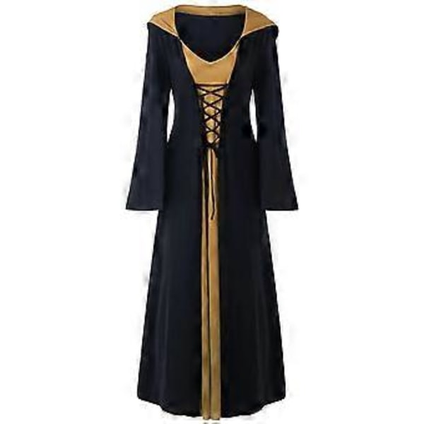 Dame Plus Size Halloween Hætteklædte Snøre Patchwork Langærmet Lang Kjole (M Khaki)