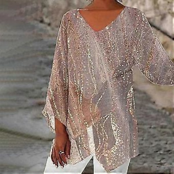 Dam Vår Höst Topp V-ringning Oregelbunden Fåll Mellanlång Långärmad Lös Casual Pullover Blommönster Färgmatchning Plus Size Dam T-shirt (4XL guld)