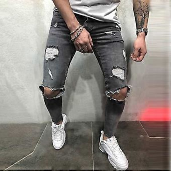 Män Skinny Ripped Frayed Jeans Byxor Stretch Distressed Slim Bottoms (XL Grå)