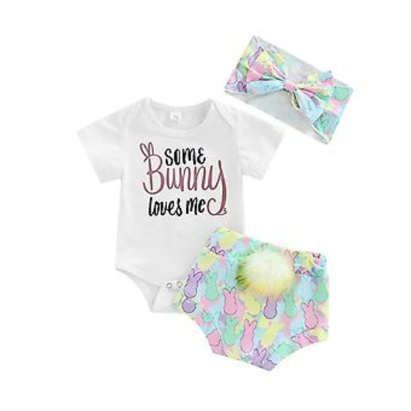 Baby Påskfestkläder Kortärmad Jumpsuit Kanin Svanskjol Bågnknyta Hårband Set Spädbarnsfotografering Kostym (0-3 Månader)