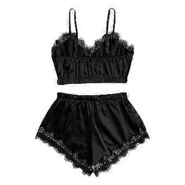 Dam Underkläder Spets Silke Satin Cami Linne Toppar Shorts Pyjamas Set Sovkläder Nattkläder Pj's -NMAOV(L Svart)