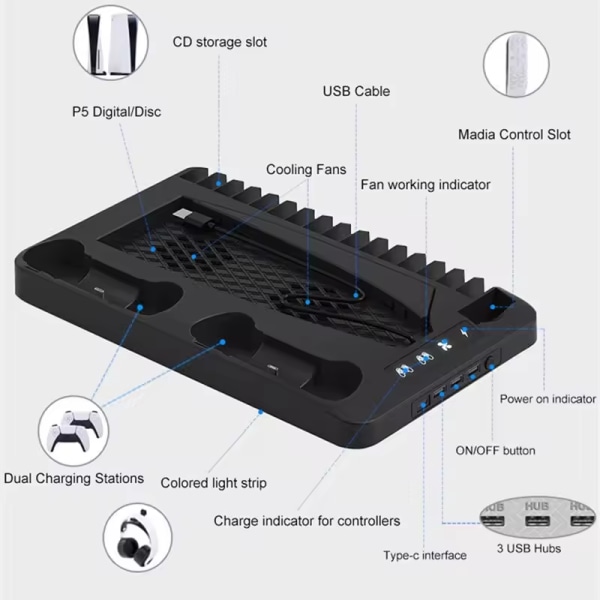 Musta, PS5-latausasema ja jäähdytysasema RGB-valolla