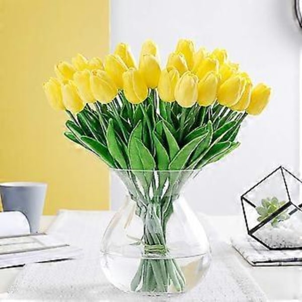Verklighetstrogna konstgjorda blommor i naturlig storlek, sammetslen textur latex tulpaner för bröllopsbukett heminredning (Gul, 10 st)