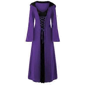 Dam Halloween Plus Size Hooded Snörning Patchwork Långärmad Lång Klänning (L Lila)