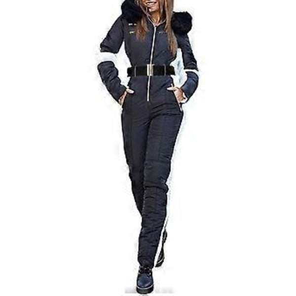 Dame Vinter Vandtæt Ski Snowboard Sportstøj Dragt Hætte Foxs Pels Jumpsuit (XL Sort)