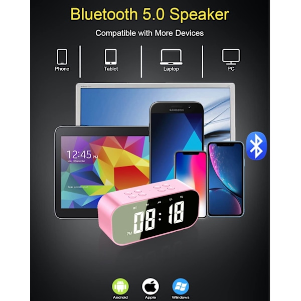 Väckarklocka för sovrum, liten digital klocka med Bluetooth-högtalare, skrivbords klocka med dubbla alarm, snooze, spegel LED-display för flickor, vuxna.