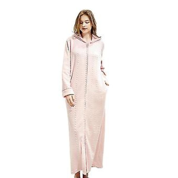 Dame Lang Kåbe med Hætte Natkjole Flanel Badekåbe Lynlås Robes (L Pink)