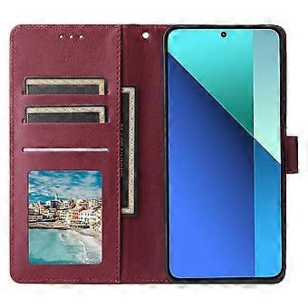 Plånboksfodral i PU-läder med Ställ för Xiaomi Redmi Note 13 4G (Vinröd)