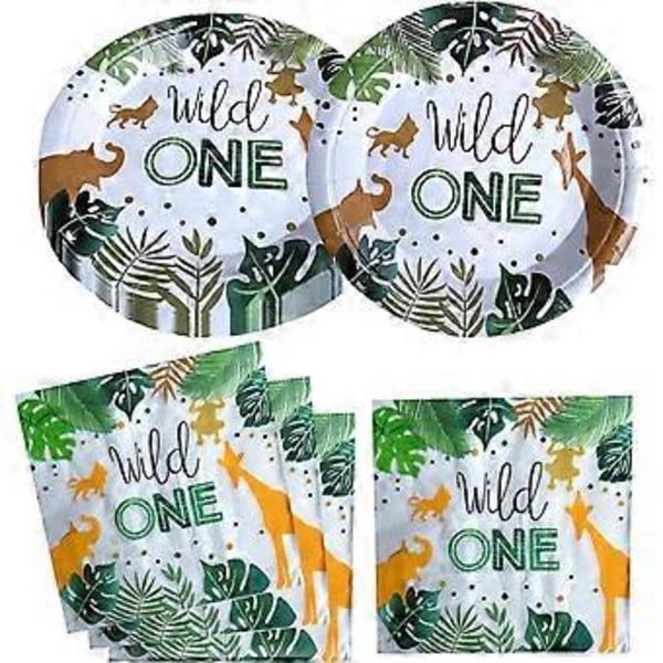 Wild One Bursdagsfestutstyr, 20 Tallerkener og 20 Servietter, Jungle Wild One Tema Bursdagsfestdekorasjon for Gutter